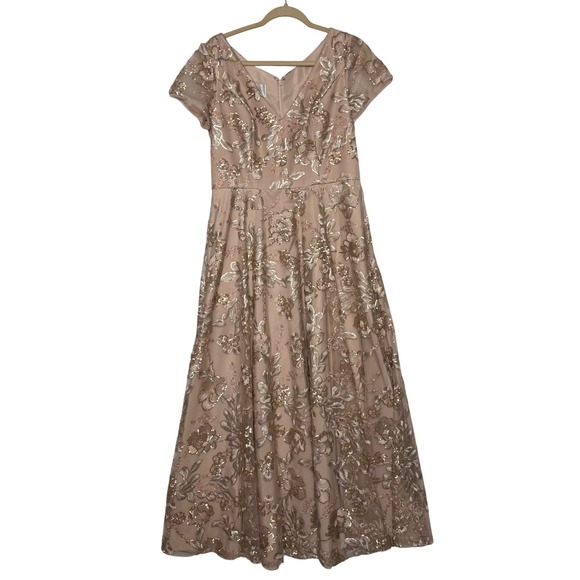 Oleg Cassini Blush Gold Floral Embroidered Sequined Formal Gown Dress Size  12